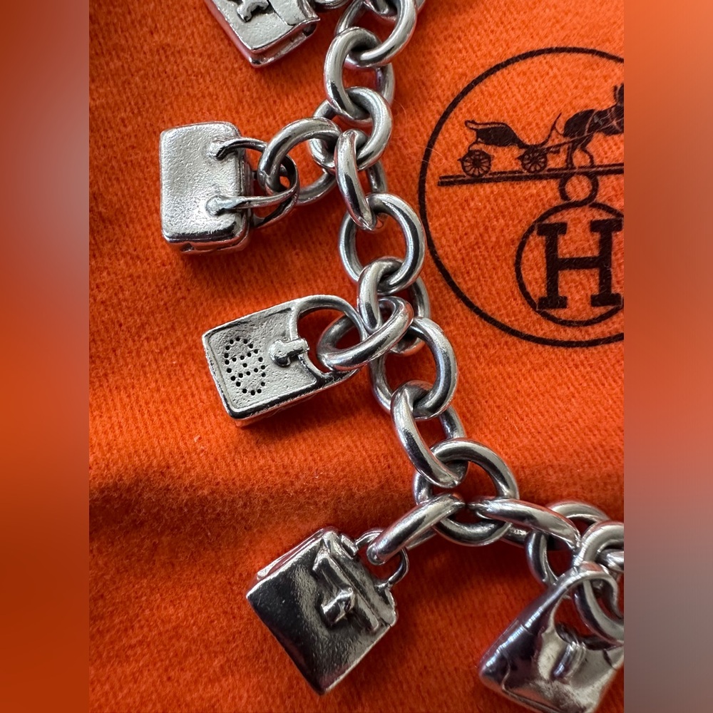 Authentic HERMES Amulet 7 Bag Motif Bracelet Sterling Silver Rare.